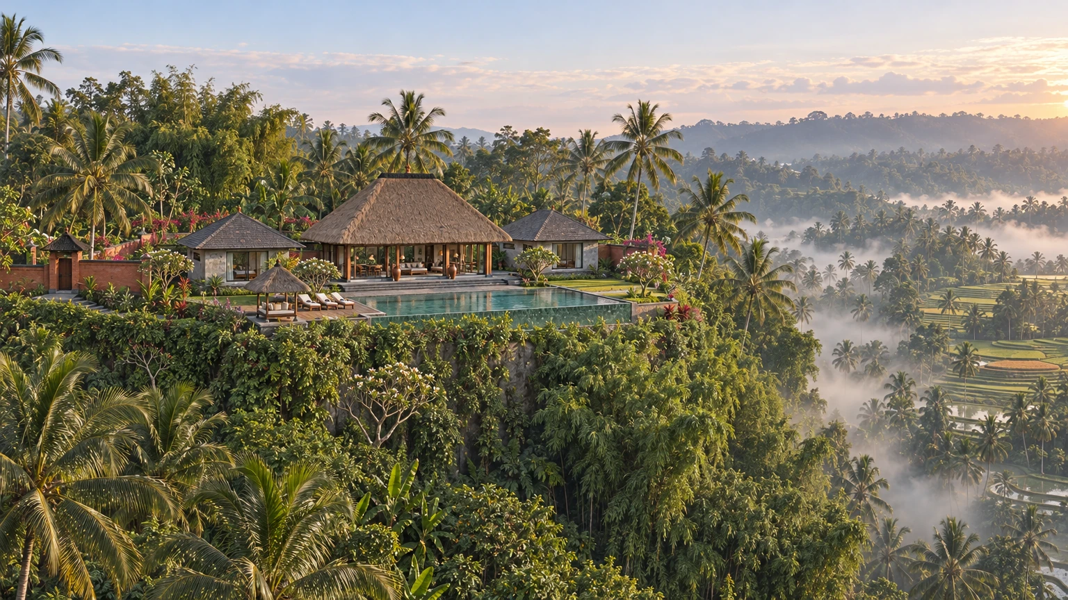 AI-generated Concept: an elevated dawn view of a walled compound of thatched and shingled pavilions with an infinity pool on a ridge above a misty, terraced gorge.