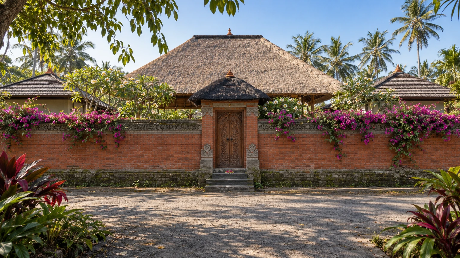 AI-generated Concept: a red-brick boundary wall draped in magenta bougainvillea, with a carved teak gate under a black-thatched roof and a large thatched pavilion behind.