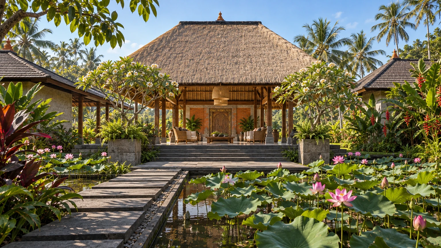 AI-generated Concept: large stepping stones cross between ponds of pink lotus towards a raised, open-sided pavilion under a steep thatched roof, framed by flowering frangipani.