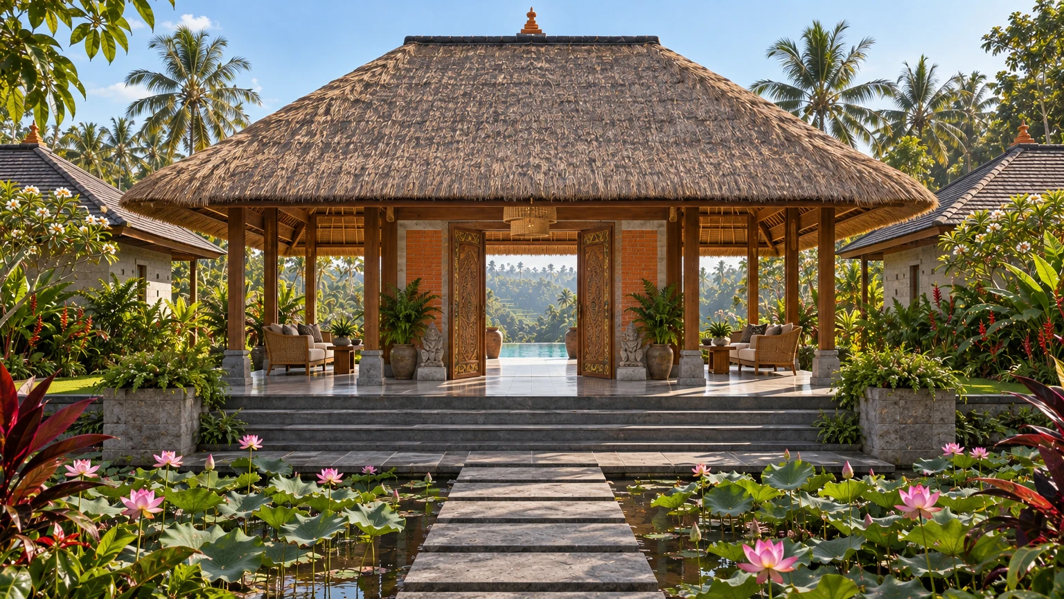 AI-generated Concept: a pair of carved, gilded teak doors stands open in a brick wall, framing a turquoise pool and terraced hills beyond the pavilion.