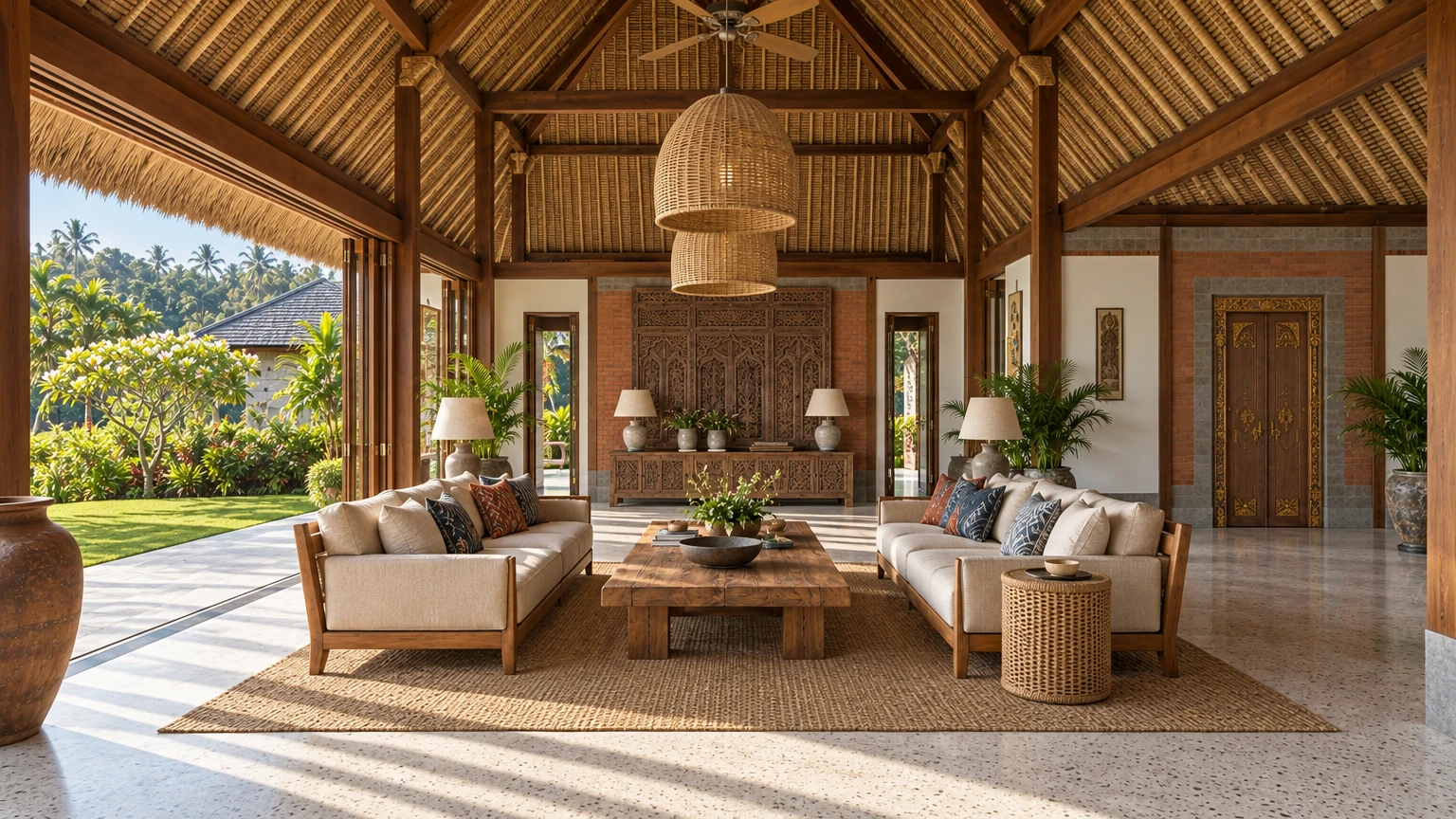 AI-generated Concept: two teak-framed linen sofas with ikat cushions face across a reclaimed-teak table on terrazzo, beneath a bamboo-lined thatched ceiling and woven pendants.