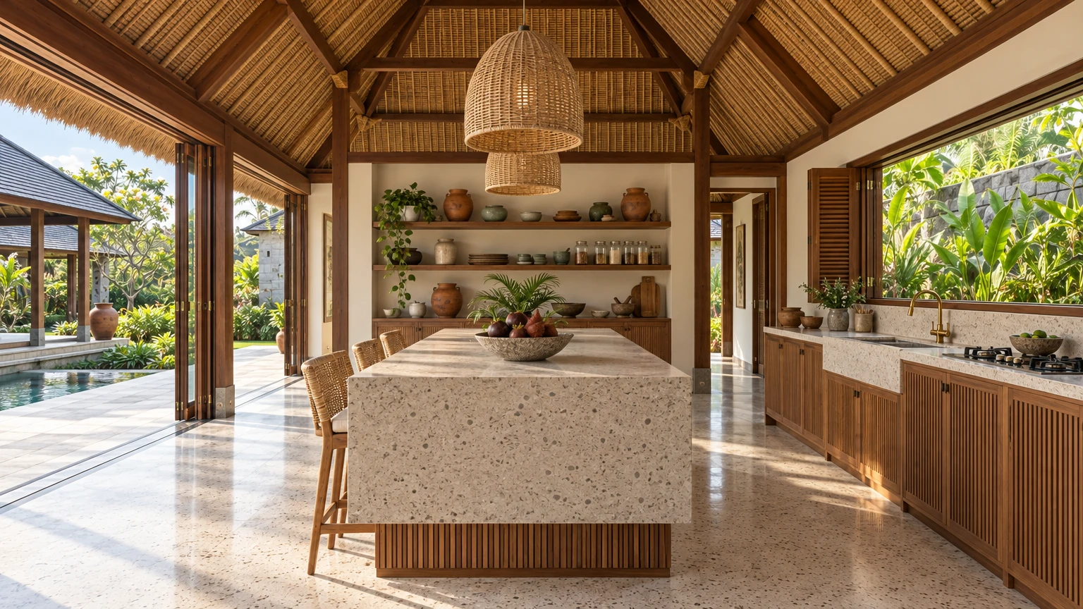 AI-generated Concept: a kitchen pavilion with a terrazzo island on a slatted teak base, rattan stools, woven pendants and open shelves of terracotta and stoneware.