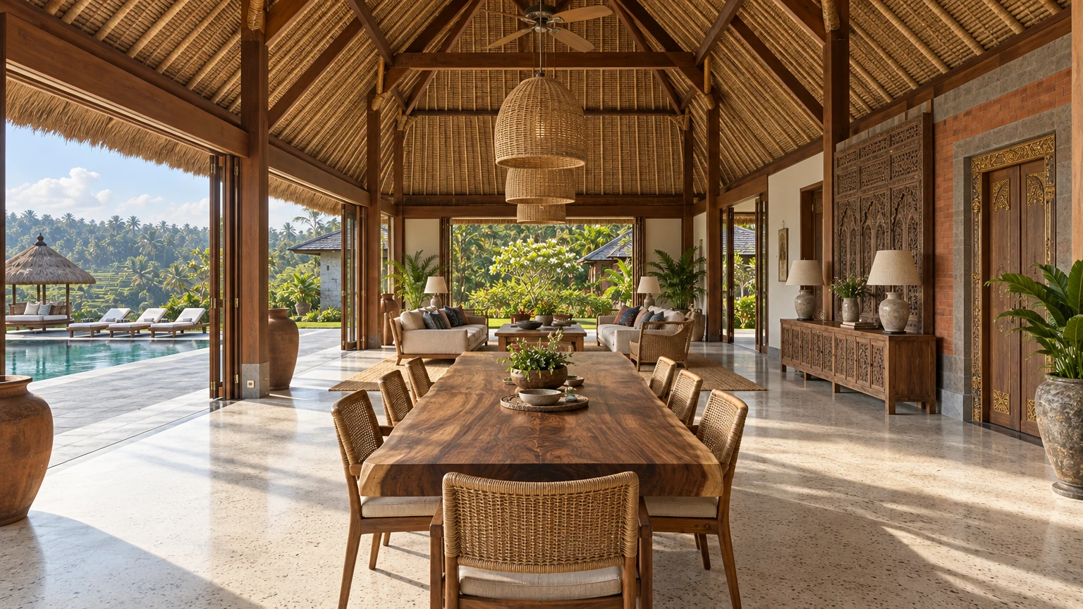 AI-generated Concept: a slab-wood dining table with rattan chairs runs the length of an open thatched hall towards linen sofas, with the pool and terraces beyond.