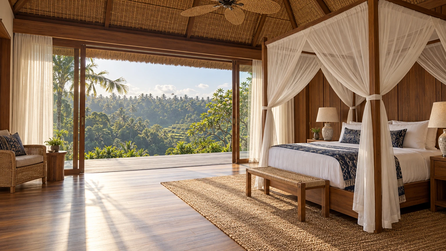 AI-generated Concept: a teak four-poster bed with a sheer white net and indigo ikat throw faces a glass wall slid open to palms and rice terraces.