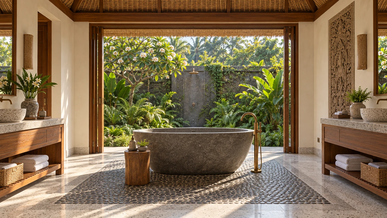 AI-generated Concept: a deep bath carved from grey stone sits on a river-stone floor between teak vanities, before open doors to a walled garden shower.