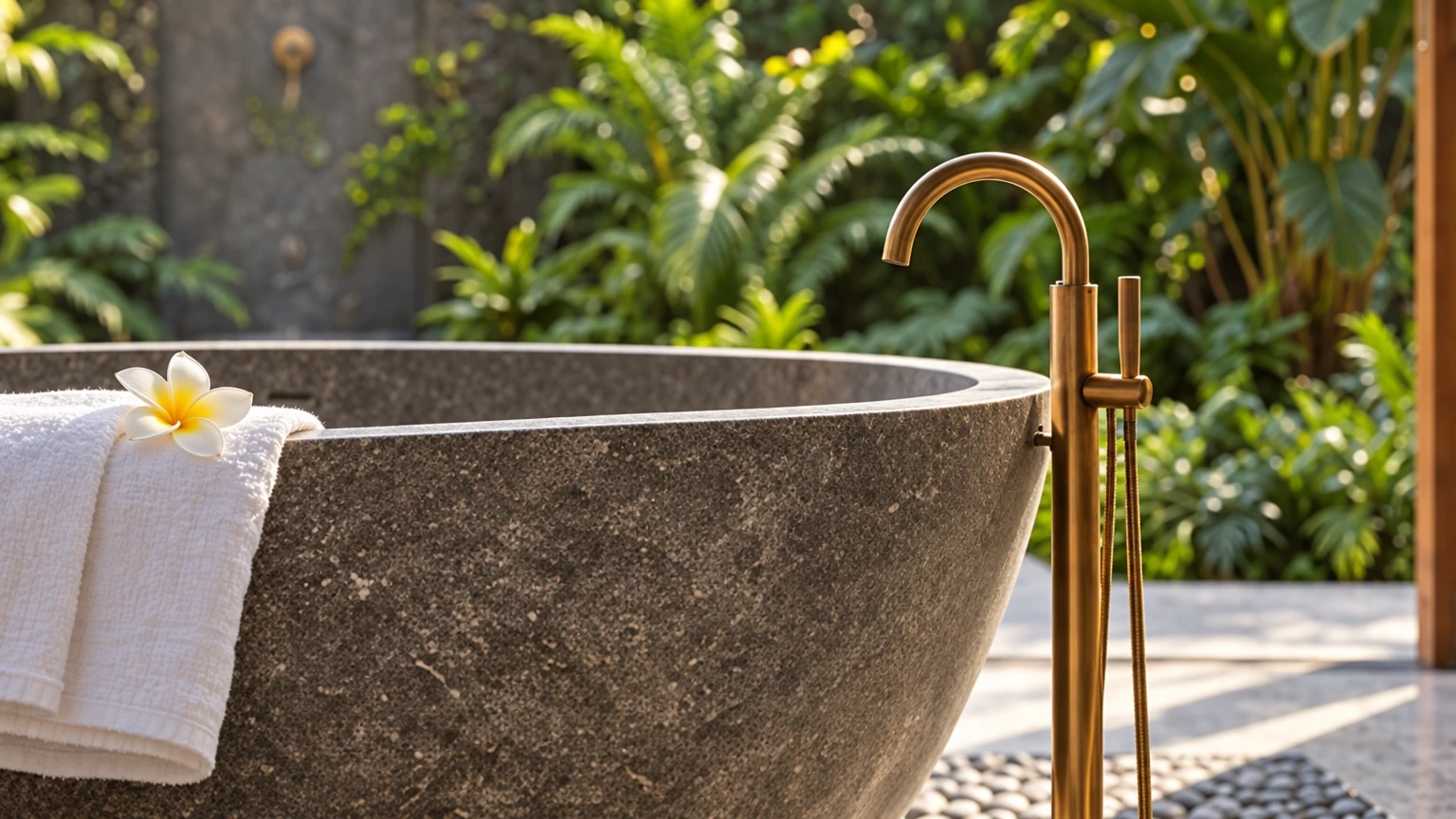 AI-generated Concept: the rim of a grey stone bath with a folded white towel, a single frangipani flower and a brushed brass floor-standing filler.