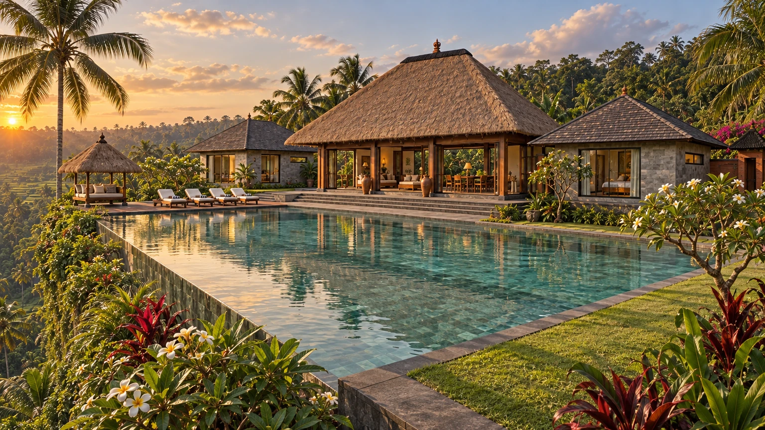 AI-generated Concept: at golden hour, a long infinity pool leads to a thatched open pavilion flanked by shingled pavilions, loungers and flowering frangipani.