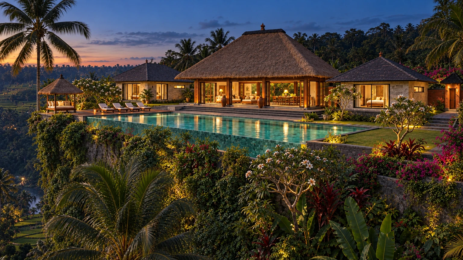 AI-generated Concept: at blue hour, a lit turquoise infinity pool and glowing thatched pavilions sit above dark gardens and terraces on a ridge under a deep sky.