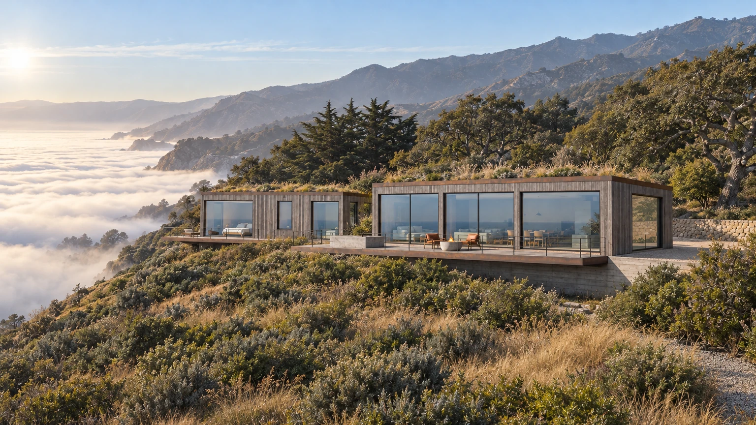 AI-generated Concept elevated view of two low redwood-clad wings with planted roofs and glass walls on a scrub slope, fog filling the coast below the mountains.