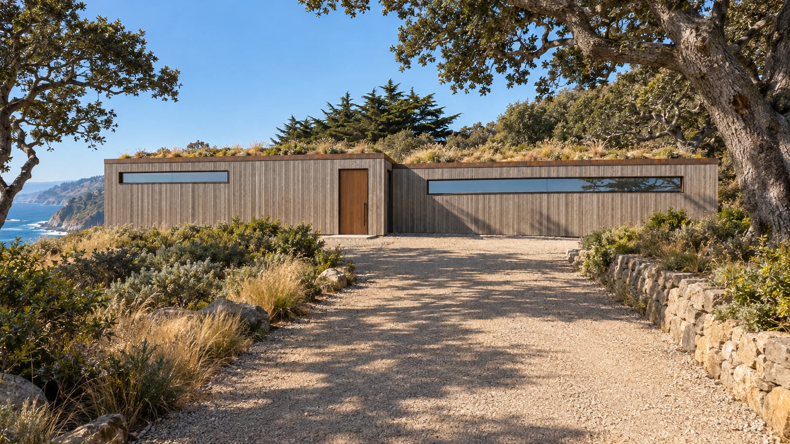 AI-generated Concept decomposed-granite drive under coast live oaks, past a dry-stone wall, to a low redwood and concrete facade with a tall pivot door.