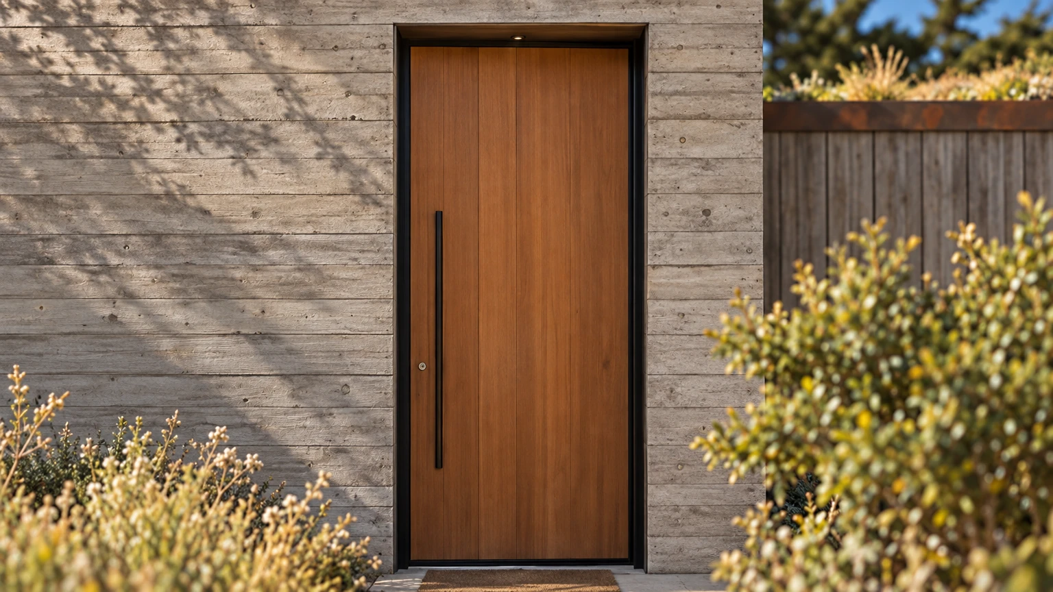 AI-generated Concept detail of a flush redwood pivot door with a long dark pull set in a board-formed concrete wall, oak-leaf shadows and coastal shrubs alongside.