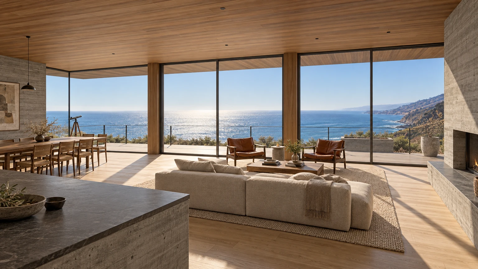 AI-generated Concept great room with a low oatmeal sofa, cognac leather sling chairs, a walnut dining table and three tall glass walls facing the open ocean.