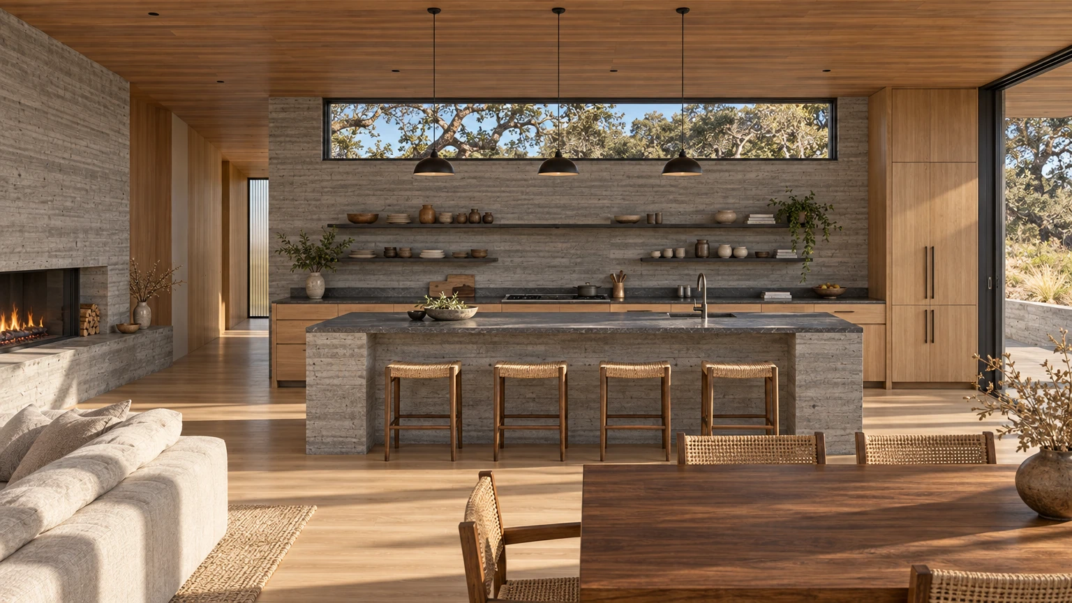 AI-generated Concept kitchen with a board-formed concrete island under a soapstone top, rush stools, white-oak cabinetry, steel shelves of stoneware and a clerestory of oak branches.