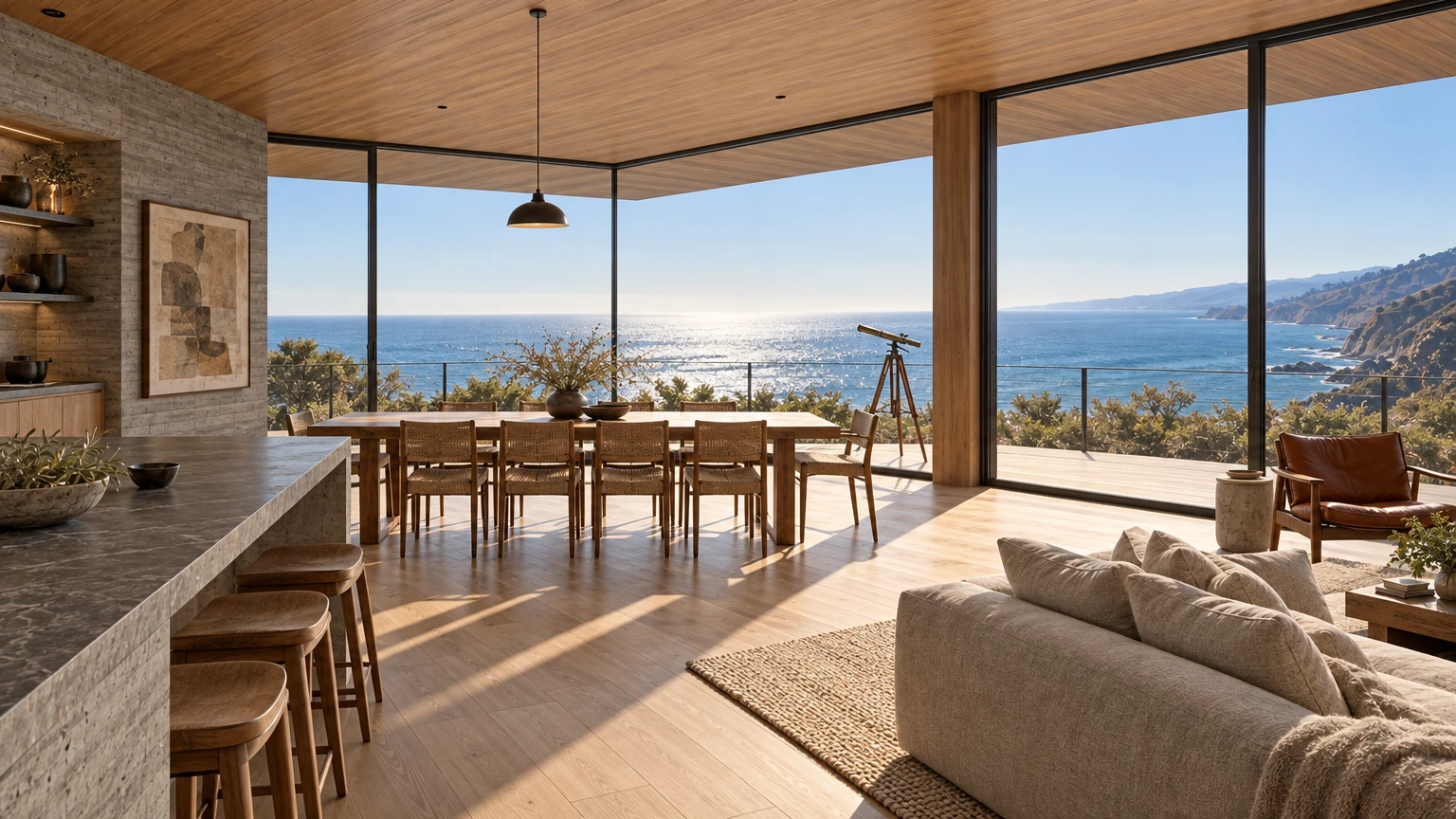 AI-generated Concept long walnut dining table with woven-seat chairs in a glass corner, a brass telescope at the window and the ocean on two sides.