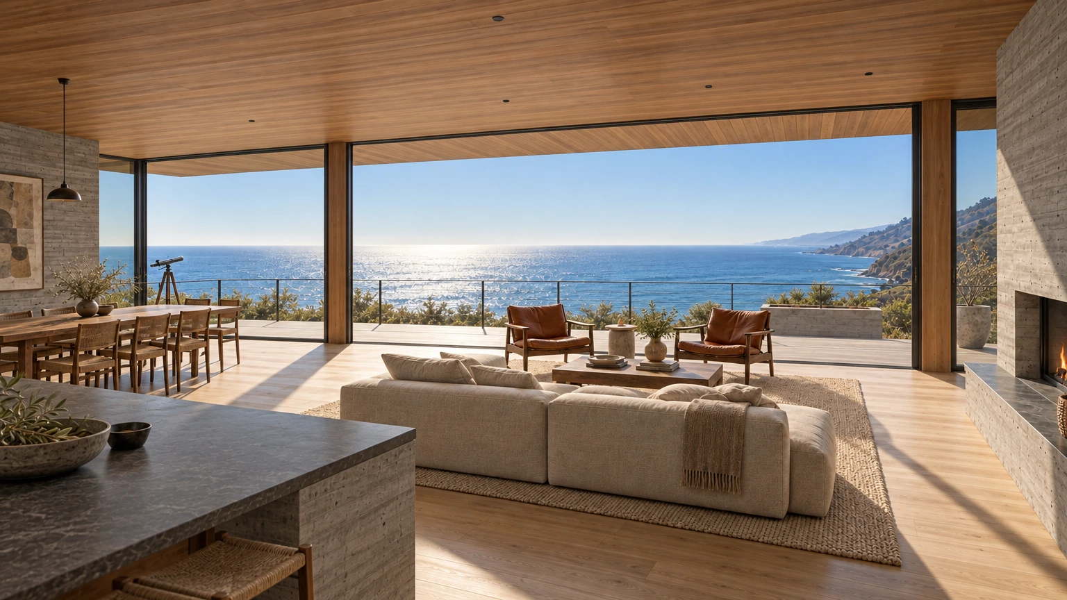 AI-generated Concept great room with its glass wall slid open to the deck, the redwood ceiling running out over the overhang towards a level ocean horizon.