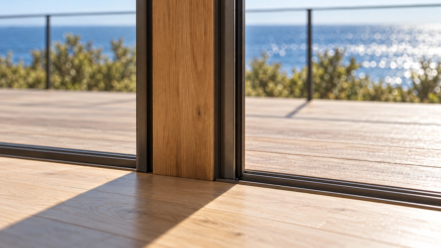 AI-generated Concept detail of a slim dark-bronze sliding frame where the pale oak floor meets the ipe deck, the railing and sparkling ocean beyond.