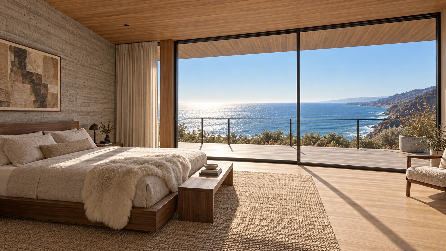 AI-generated Concept primary suite with a low walnut bed in oatmeal linen and sheepskin, a board-formed concrete wall and floor-to-ceiling glass opening onto a deck above the coast.