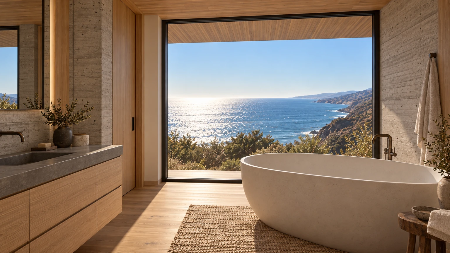 AI-generated Concept bathroom with a freestanding white stone bath before tall glass facing the ocean, a white-oak vanity with a stone basin and concrete walls.