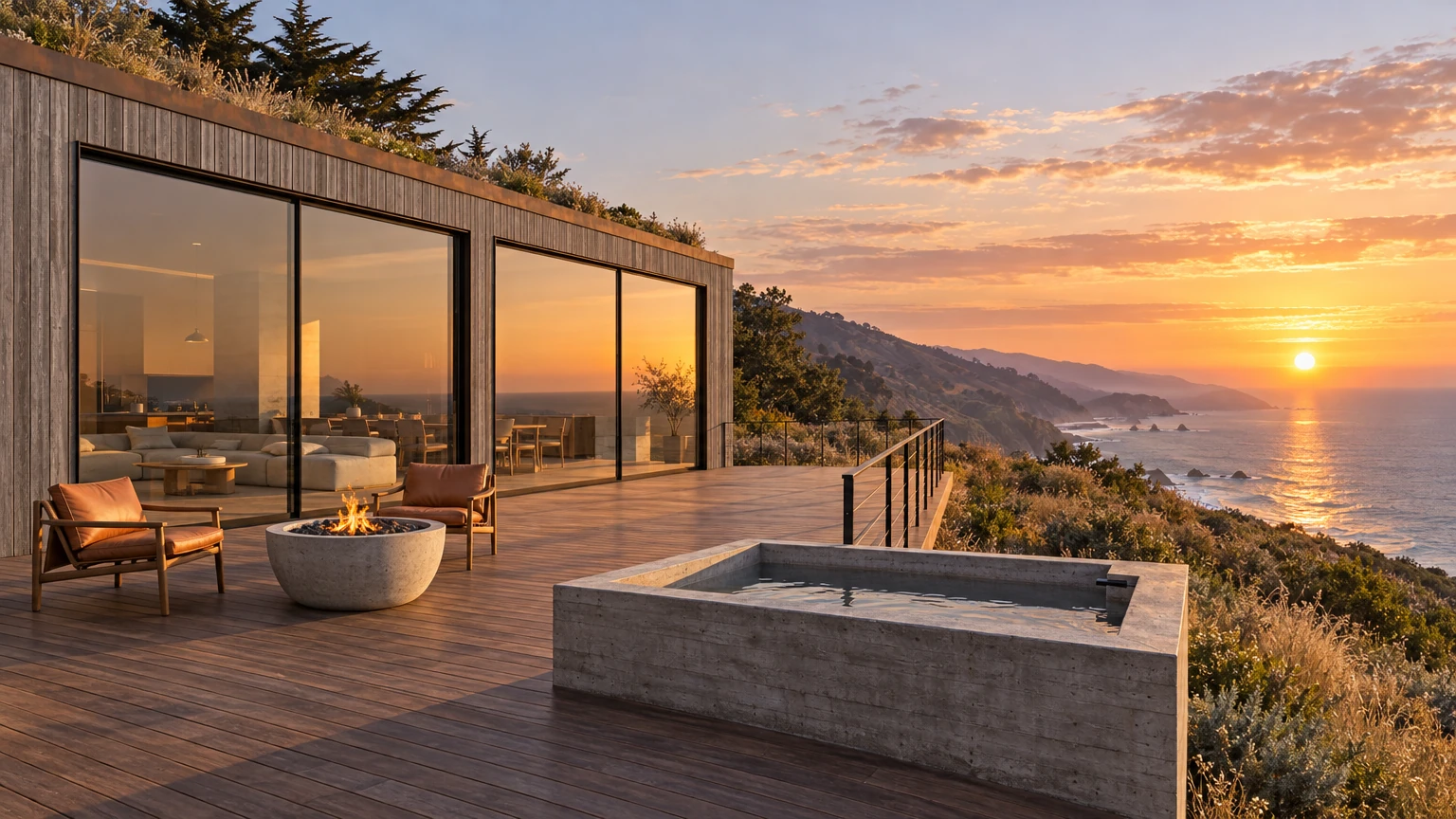 AI-generated Concept ipe deck at sunset with a concrete soaking tub, a lit fire bowl between leather chairs and glass walls reflecting the sun over the ocean.