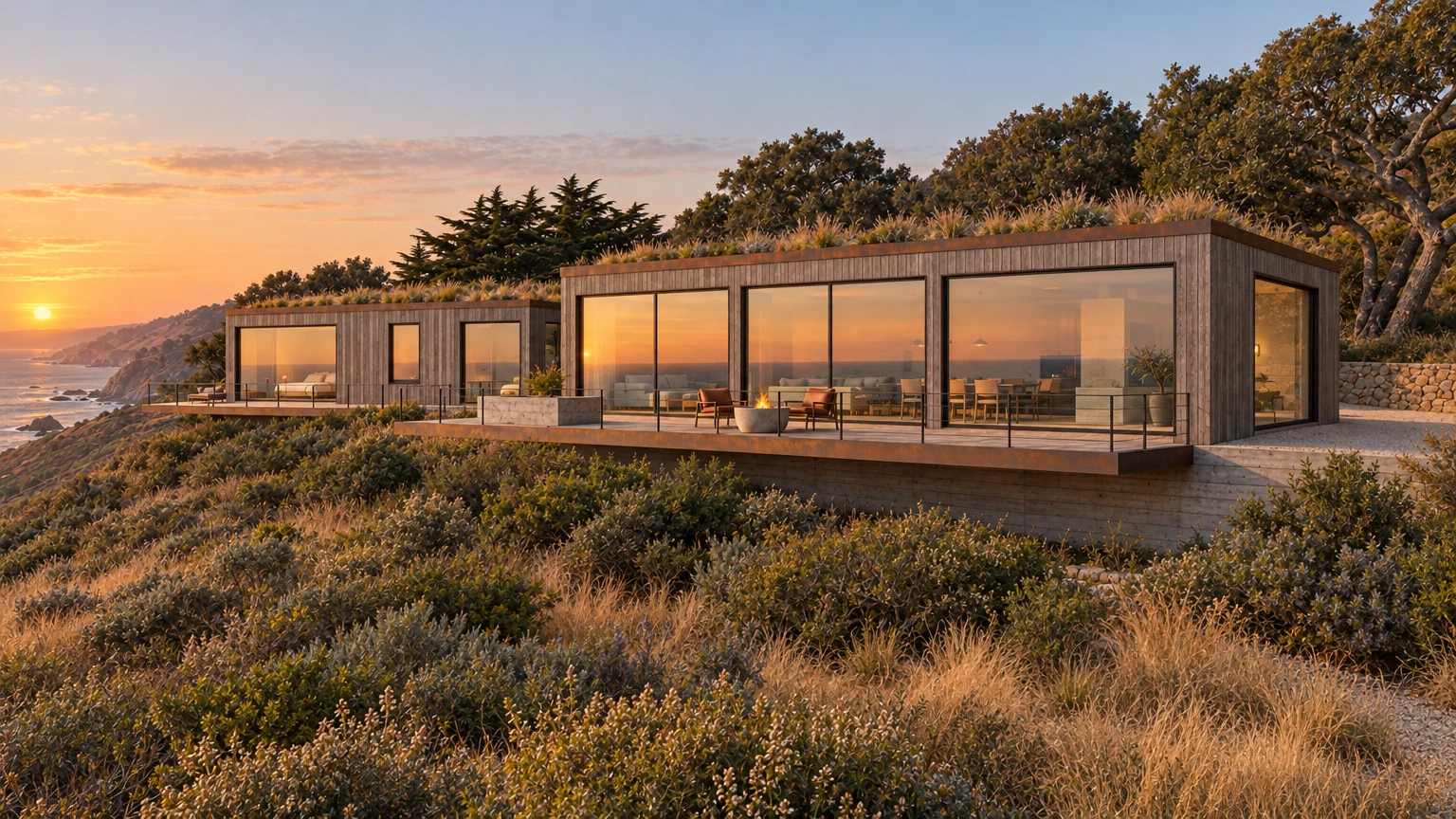 AI-generated Concept house seen from the coastal slope below at sunset, glass walls glowing amber beneath planted roofs, oaks behind and golden grasses in front.