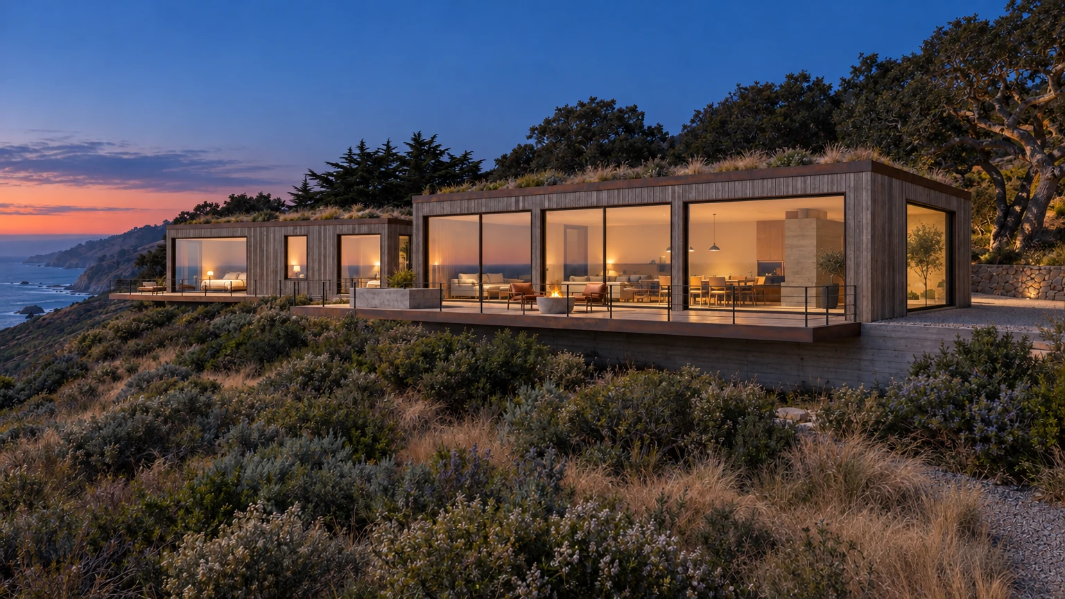 AI-generated Concept house at blue hour, both wings lit warm behind floor-to-ceiling glass above dark scrub, oaks silhouetted and a coral band over the ocean.
