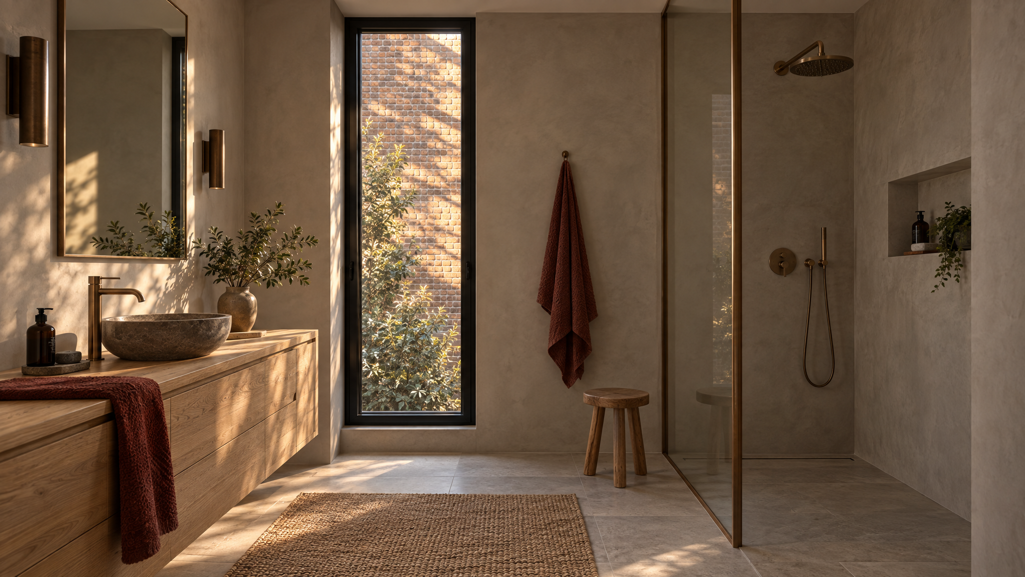 Bathroom with an oak vanity and stone vessel basin beneath bronze taps and wall lights, a walk-in shower behind a bronze-framed glass screen, a small oak stool, a rust towel and a tall narrow window onto a tree against the brick.