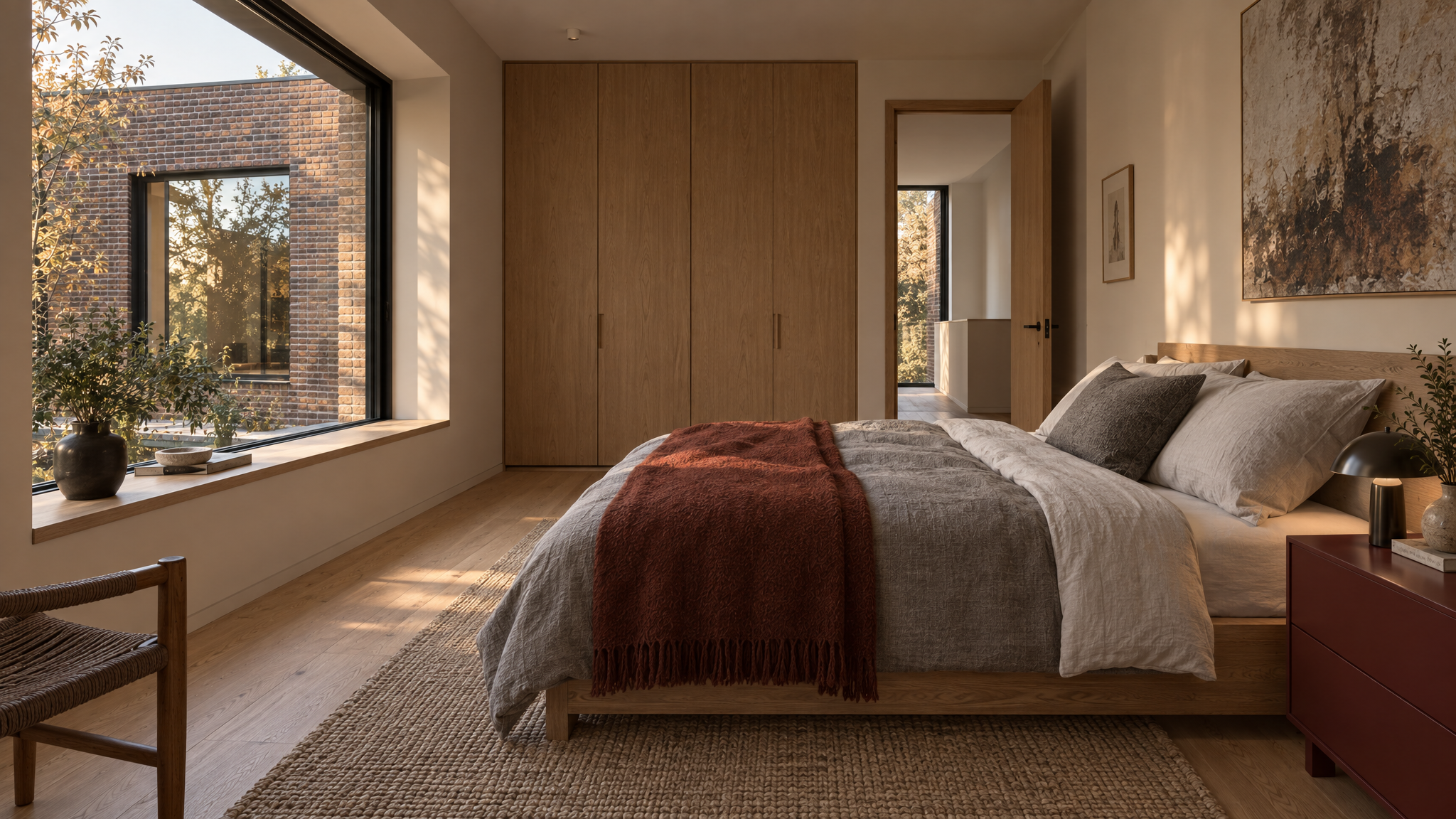 Main bedroom with a low oak bed in grey and white linen and an oxblood wool throw, an oxblood lacquered bedside chest with a dark lamp, a wall of oak cupboards, a jute rug and a deep window seat looking across to the other brick wing.