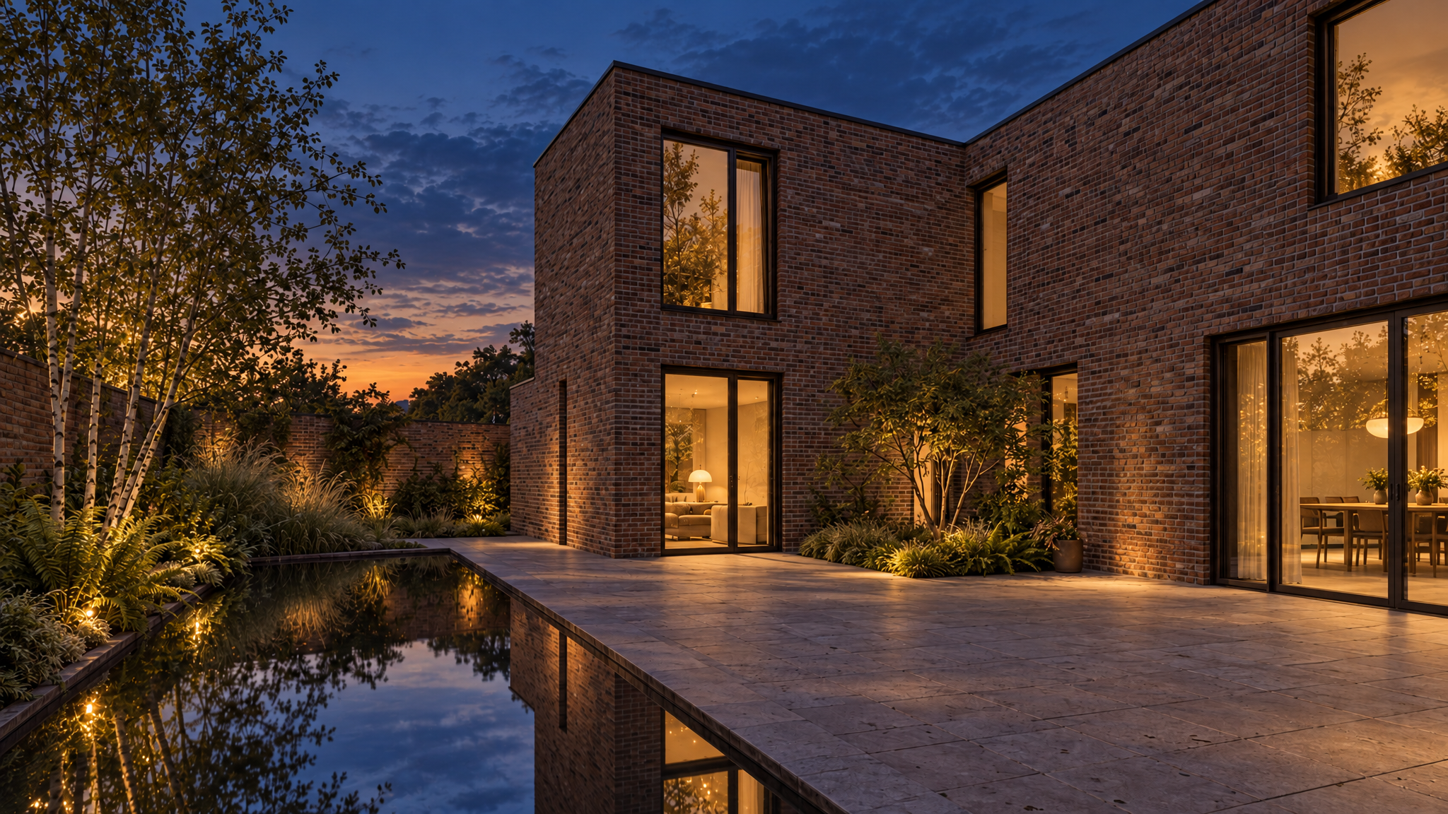 The two brick wings at dusk, with lamplit windows, uplit birches and garden lights reflected in the narrow water basin beside the paved court.