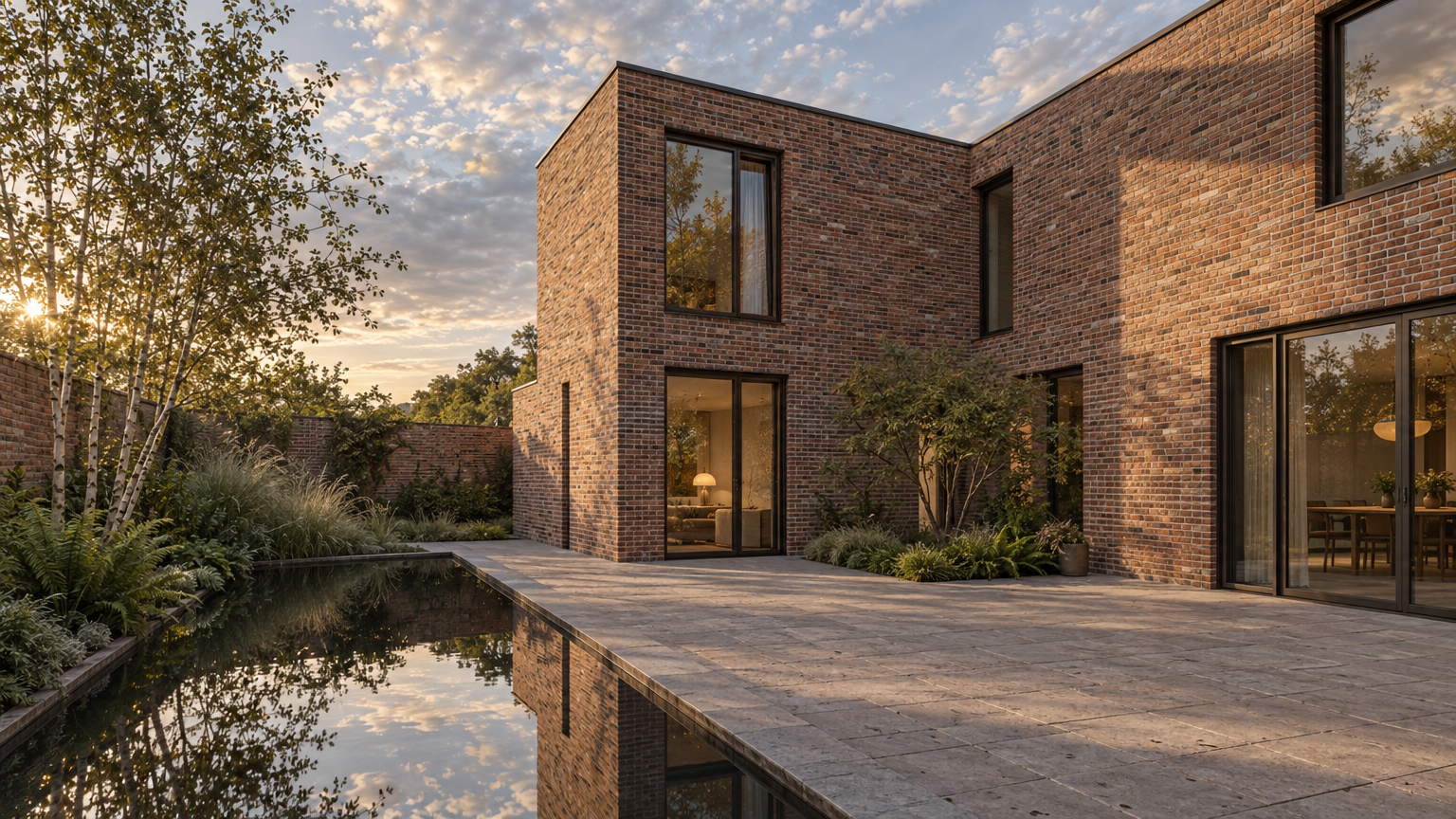 Two red-brown brick wings in low golden sun, with a paved court, a narrow dark water basin reflecting the sky, and birches and ferns along the garden wall.