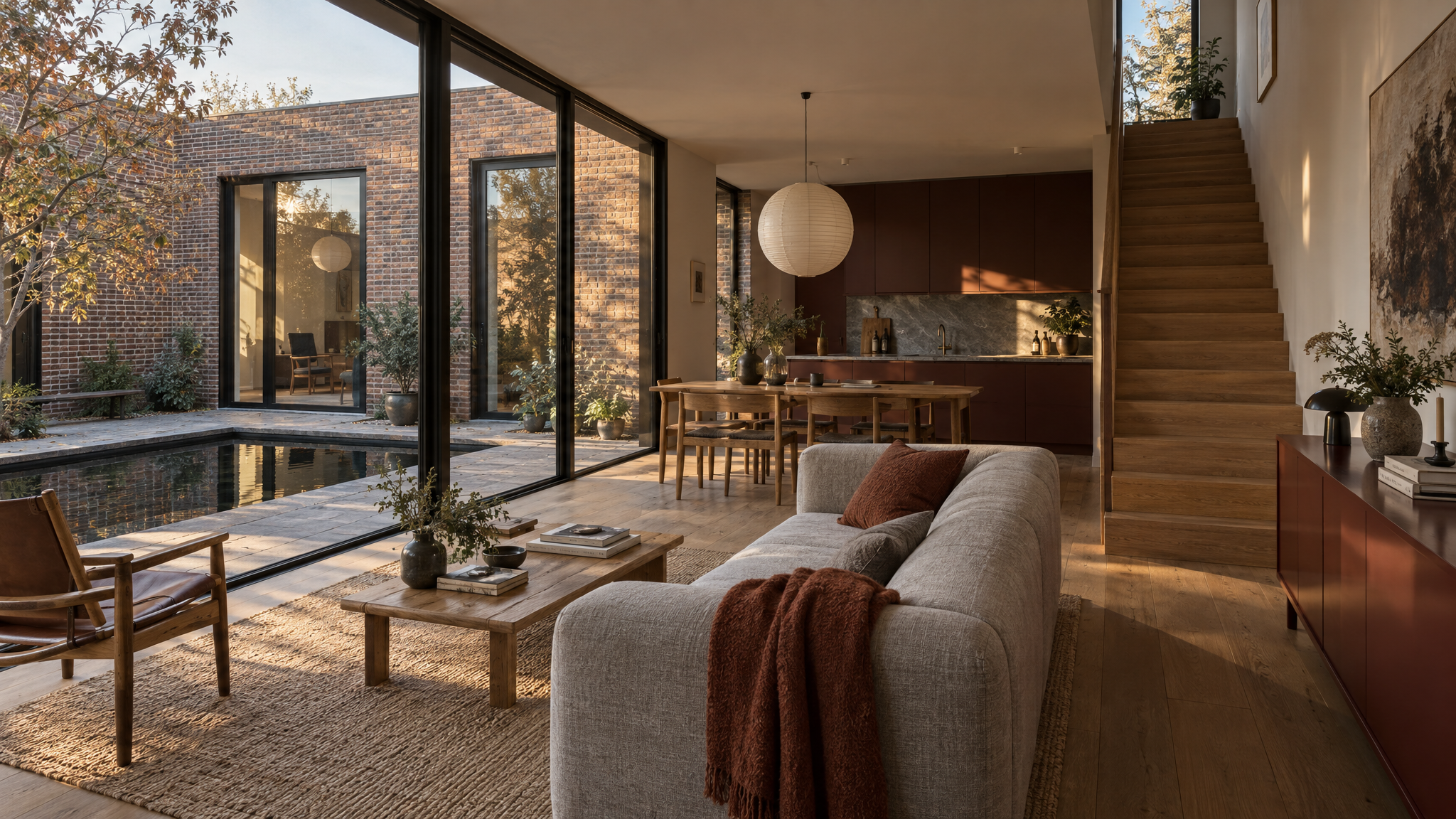 Ground-floor sitting room with a pale grey sofa, rust throw, oak table and jute rug, an oak dining table and oxblood kitchen beyond, and tall bronze-framed glazing to the water court.