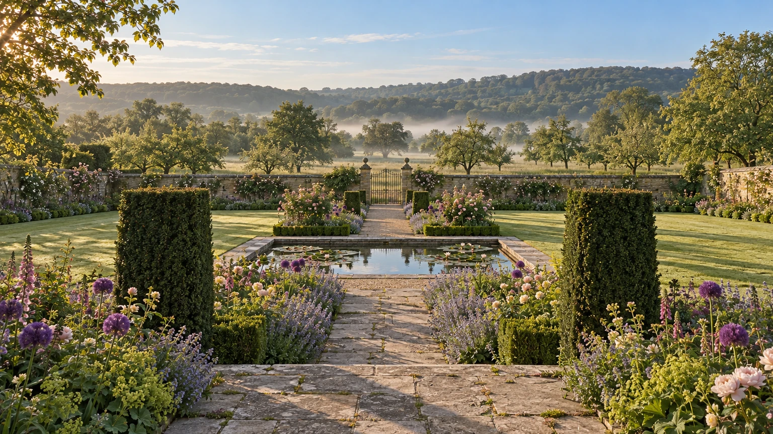 AI-generated Concept garden axis framed by two clipped yew pillars, with catmint and allium borders, a lily pool and an iron gate opening to a misty valley.