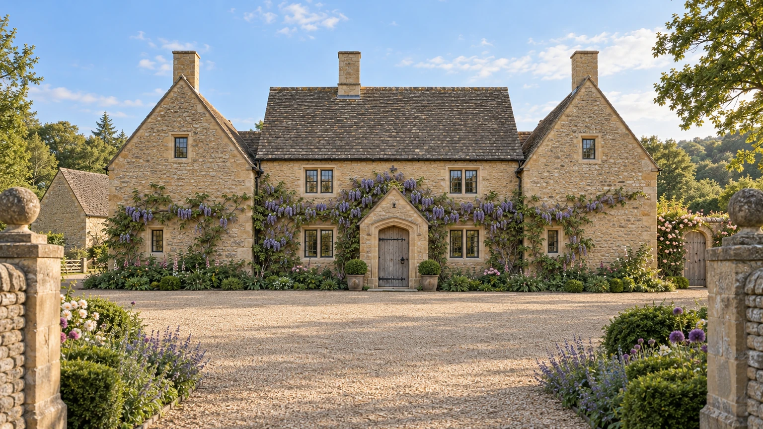 AI-generated Concept north front of honey limestone seen between stone gate piers, two steep gables with tall chimneys flanking a wisteria-hung hall range and gabled porch.