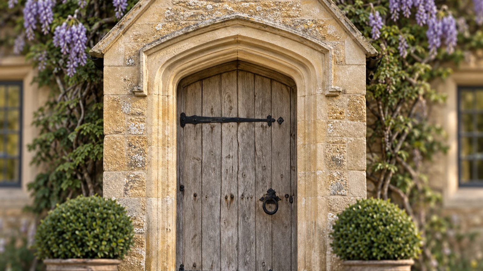 AI-generated Concept detail of a silvered oak plank door with a forged strap hinge and ring handle, set in a four-centred stone arch with a hood mould.