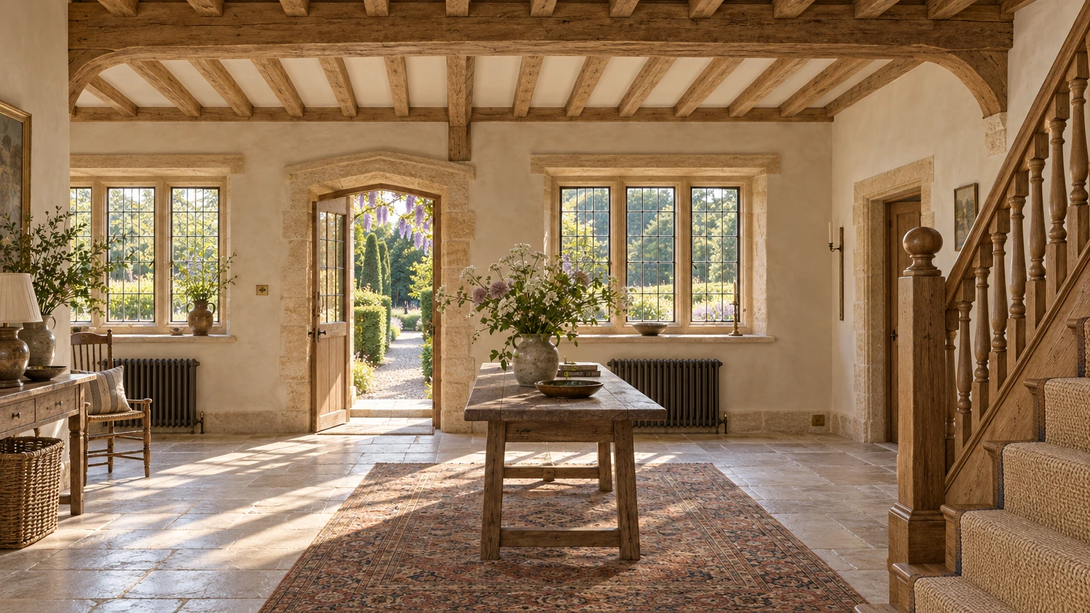 AI-generated Concept stone-flagged hall with limewashed walls, oak beams, an oak stair with turned balusters and a garden door open to wisteria and a gravel path.