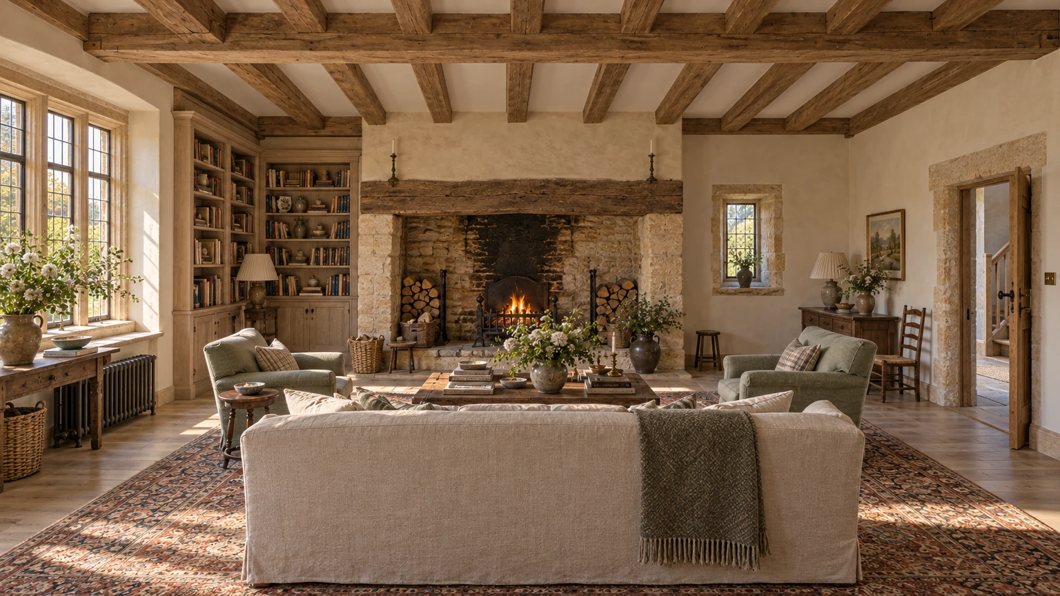 AI-generated Concept drawing room with a log fire in a deep stone inglenook, a linen sofa and two sage armchairs on a Persian rug, and built-in bookcases.