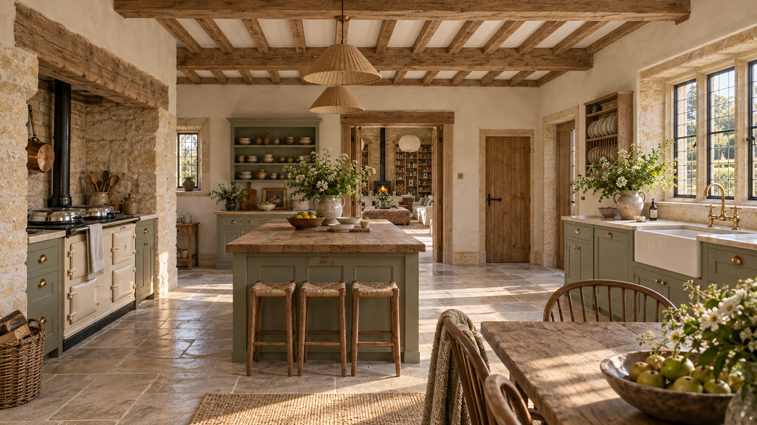 AI-generated Concept kitchen with a cream range set in a stone inglenook, sage-painted cabinetry, an oak-topped island with rush stools and a white sink under leaded windows.