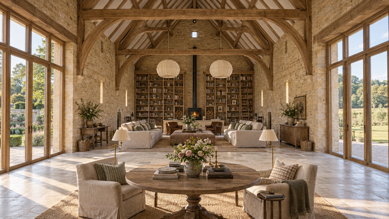 AI-generated Concept great barn with oak trusses and curved braces over honey-stone walls, tall oak-glazed openings on both sides, linen sofas, bookshelves and a black wood stove.