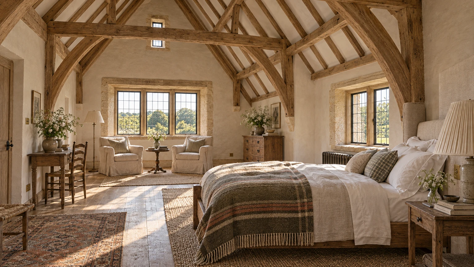 AI-generated Concept primary bedroom open to oak roof trusses, with a linen-headboard bed under a striped wool blanket, two armchairs before a mullioned gable window and wide boards.