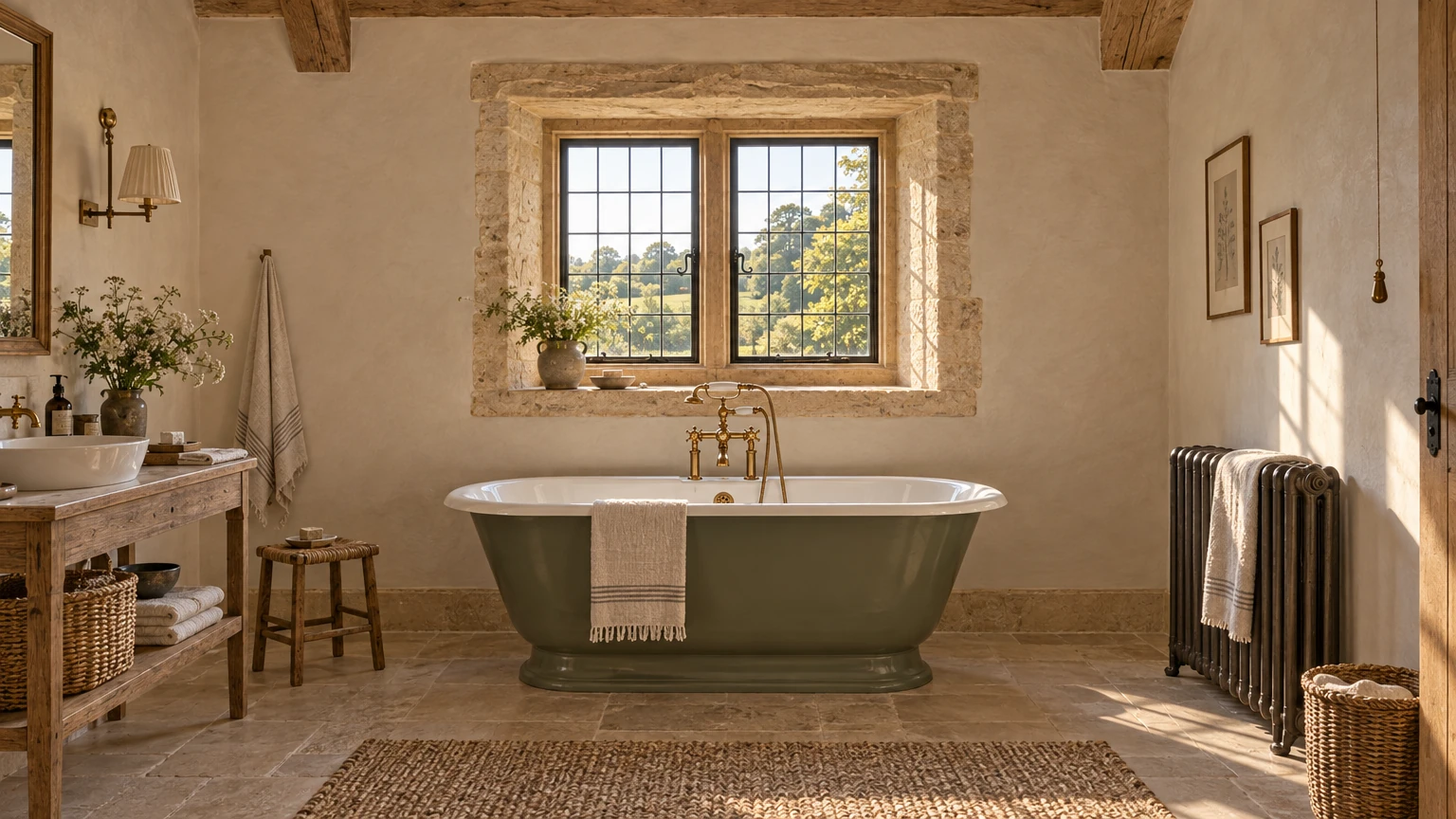 AI-generated Concept bathroom with a sage-painted roll-top bath and brass taps beneath a two-light mullioned window, limewashed walls, limestone floor and a cast-iron radiator.