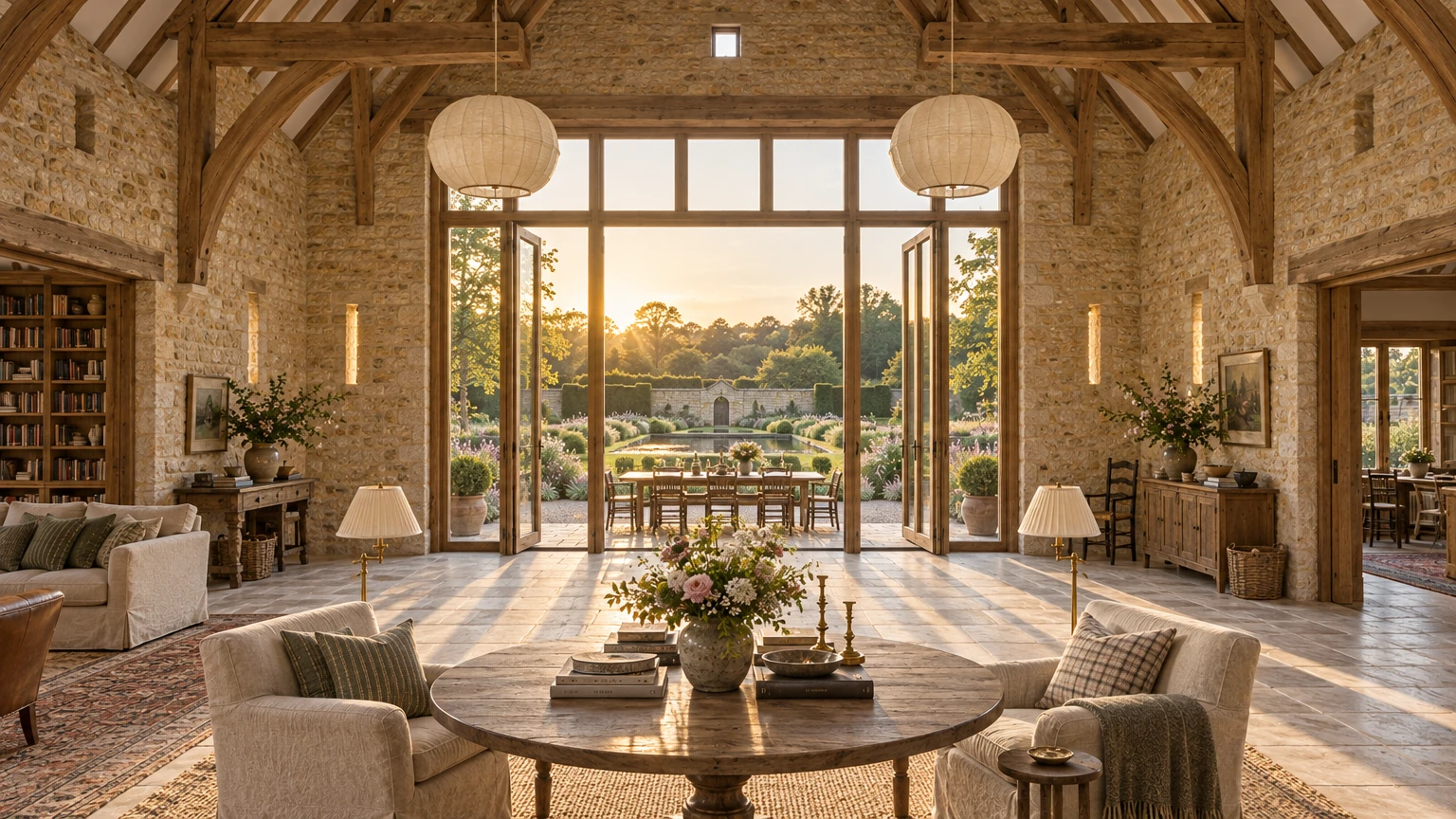 AI-generated Concept barn interior looking through tall oak-glazed doors, standing open, to a laid supper table and the walled garden and lily pool in golden light.
