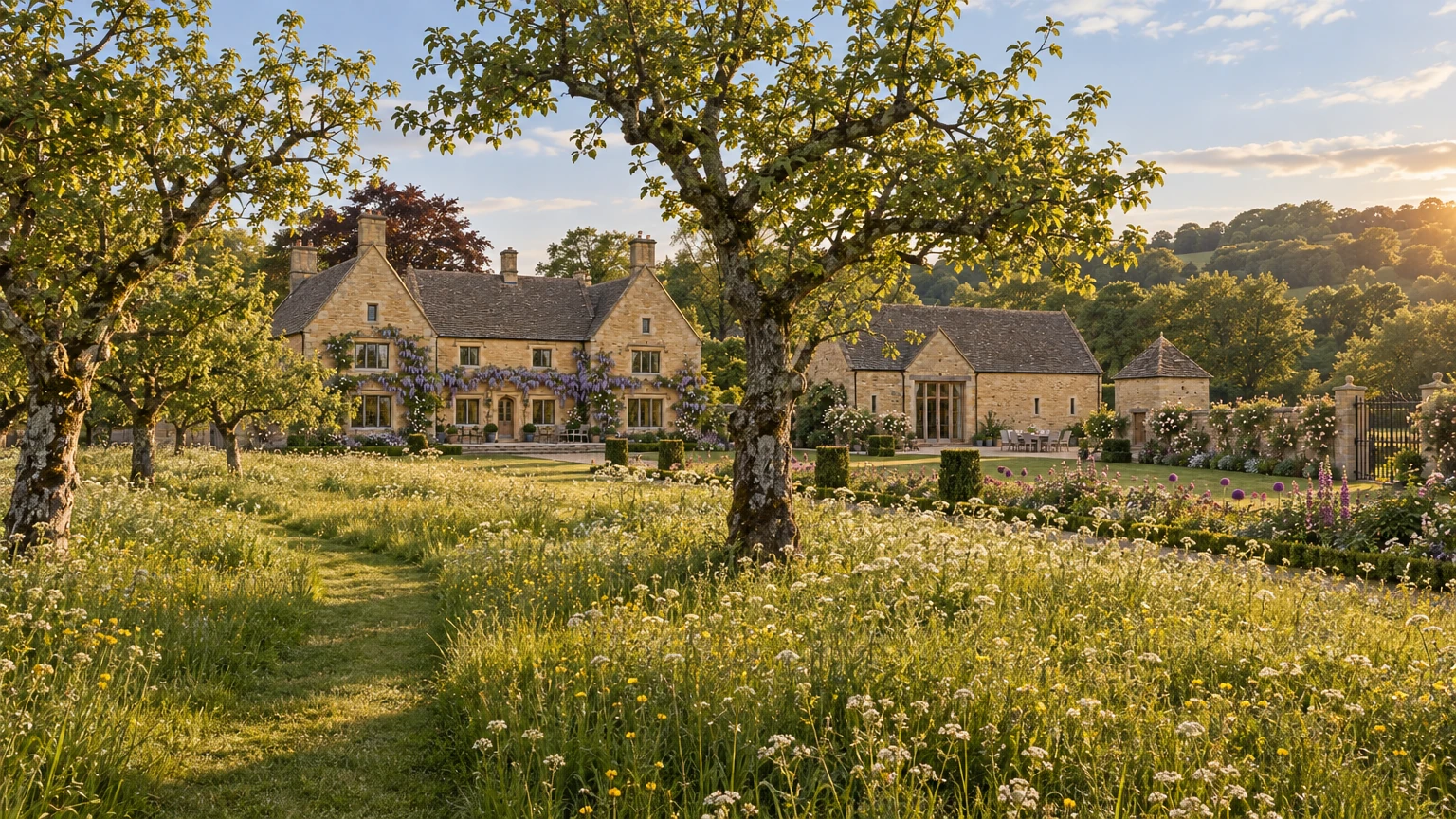 AI-generated Concept orchard of old apple trees in long grass with cow parsley and buttercups, a mown path, and the manor and barn beyond in low sun.