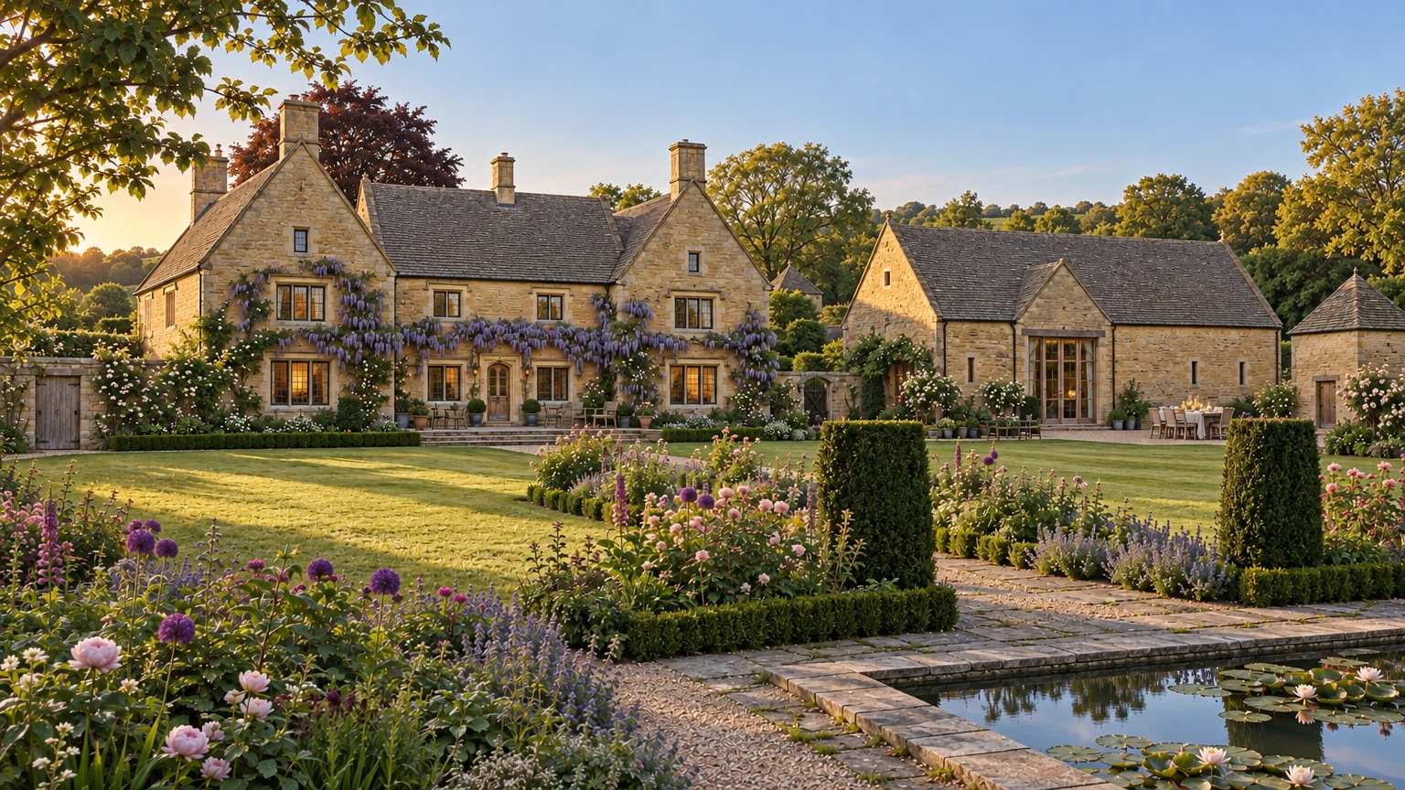 AI-generated Concept south front across the walled garden at golden hour, wisteria on honey stone, clipped yews, borders, a lily pool and the barn to the right.