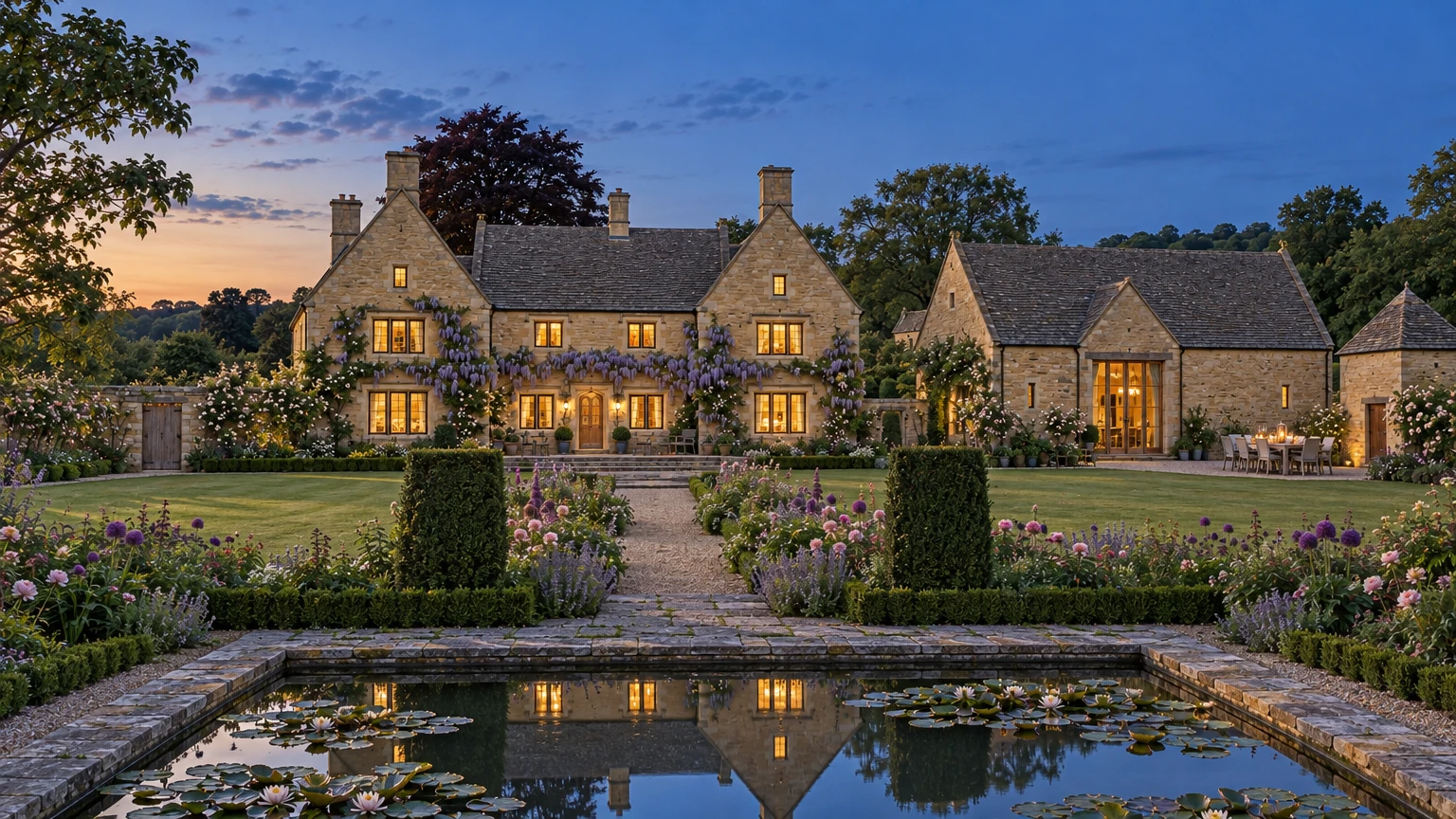 AI-generated Concept south front at blue hour, mullioned windows glowing warm and reflected in the lily pool, with yews, borders and the lit barn beside.