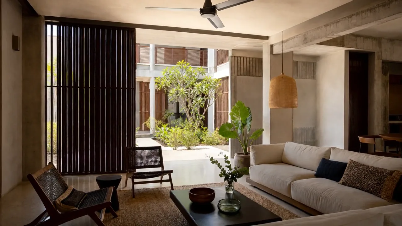 Living room with a cream sofa, two cane lounge chairs and a dark low table beside tall timber brise-soleil screens, opening to the planted central courtyard and its frangipani.