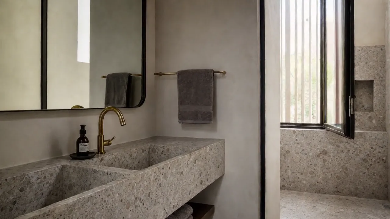Terrazzo trough basin with a brushed-brass tap beneath a black-framed mirror, a grey towel on a brass rail and a terrazzo-lined shower with a screened window.