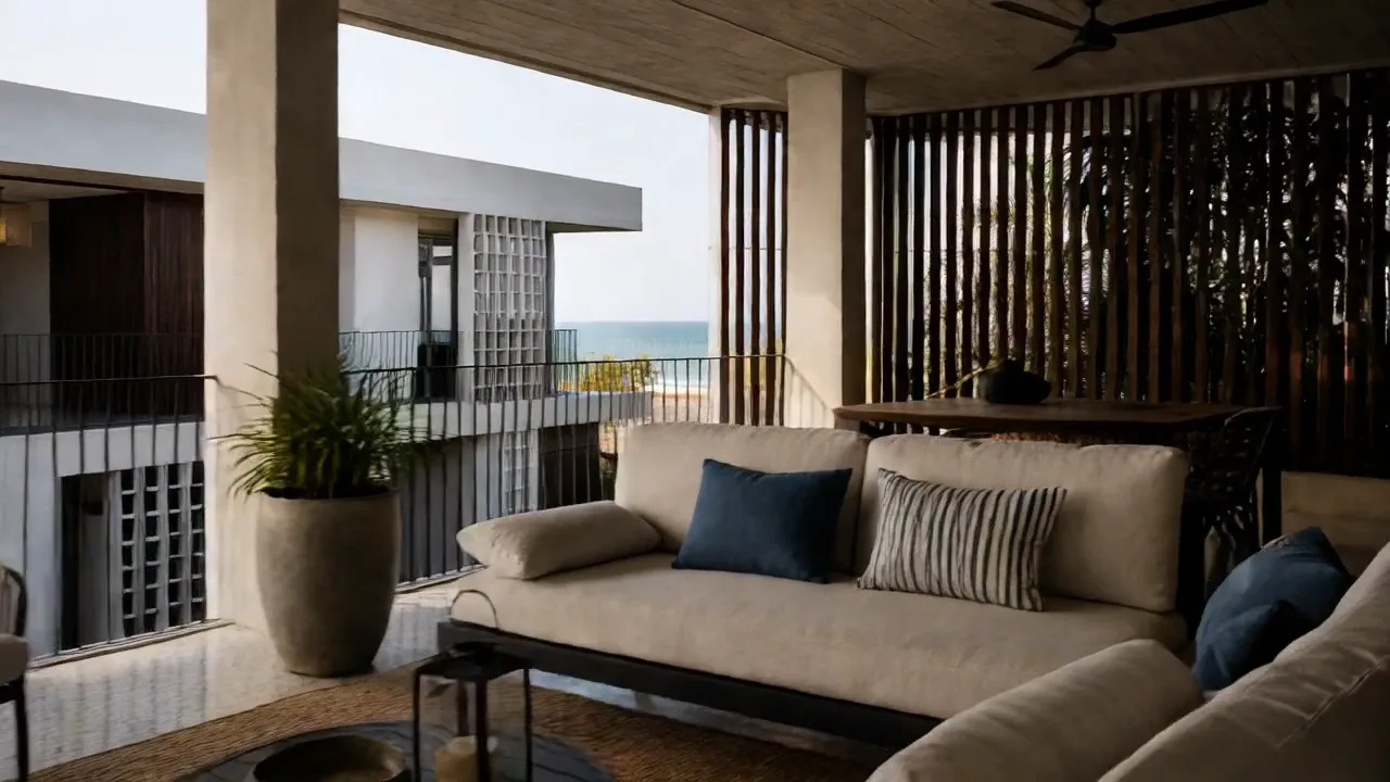 Covered roof terrace with a cream sofa, navy and striped cushions, a stone planter and timber slat screens, looking past a neighbouring breeze-block facade to the Atlantic.