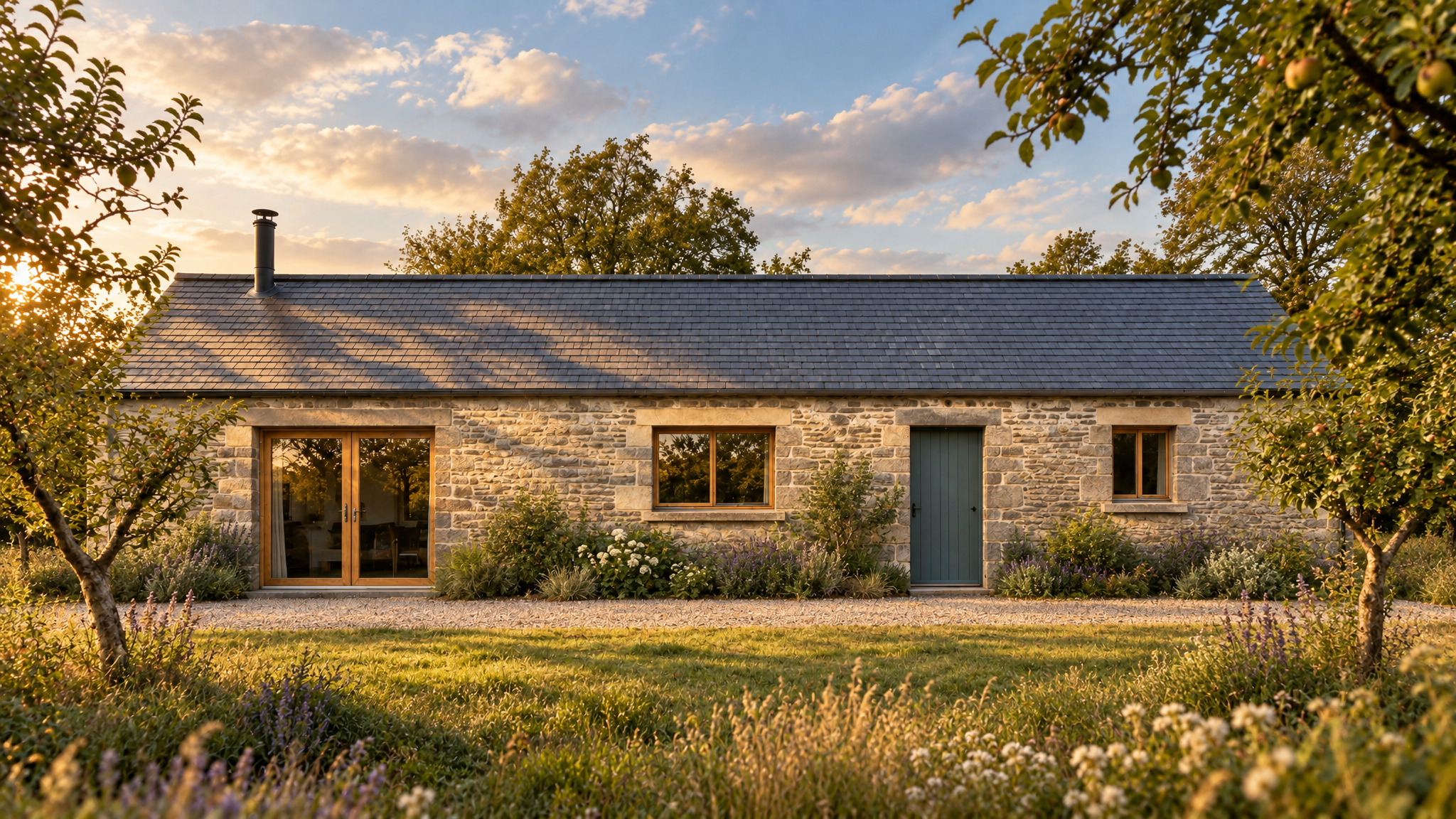 The long granite front and slate roof in late golden sun, with glazed dining doors, two windows and the blue-green front door behind apple trees and a flowering orchard edge.