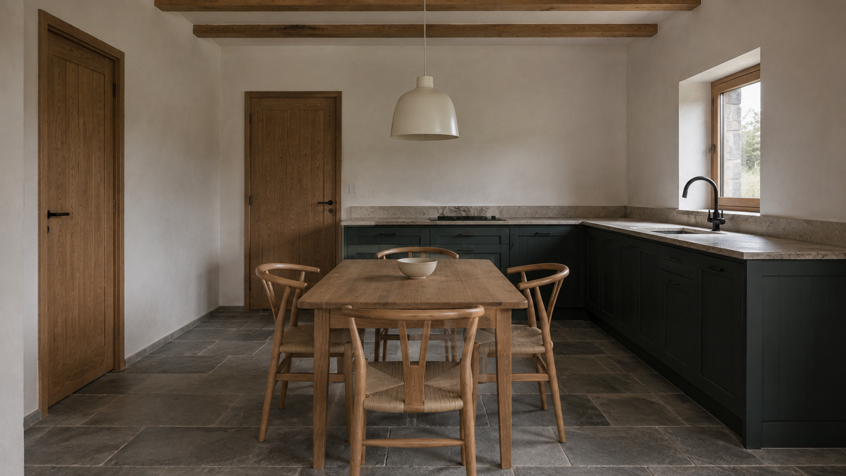 Four-chair oak dining table beneath a pale pendant, surrounded by blue-green kitchen cabinetry.