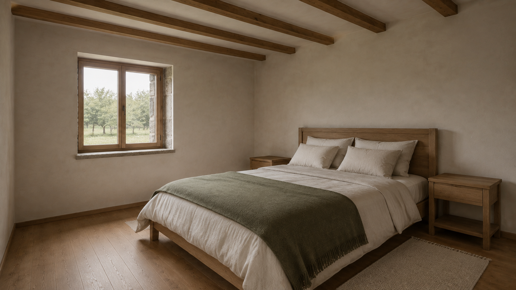 Main bedroom with cream bedding, green blanket, four pillows and two oak bedside tables.