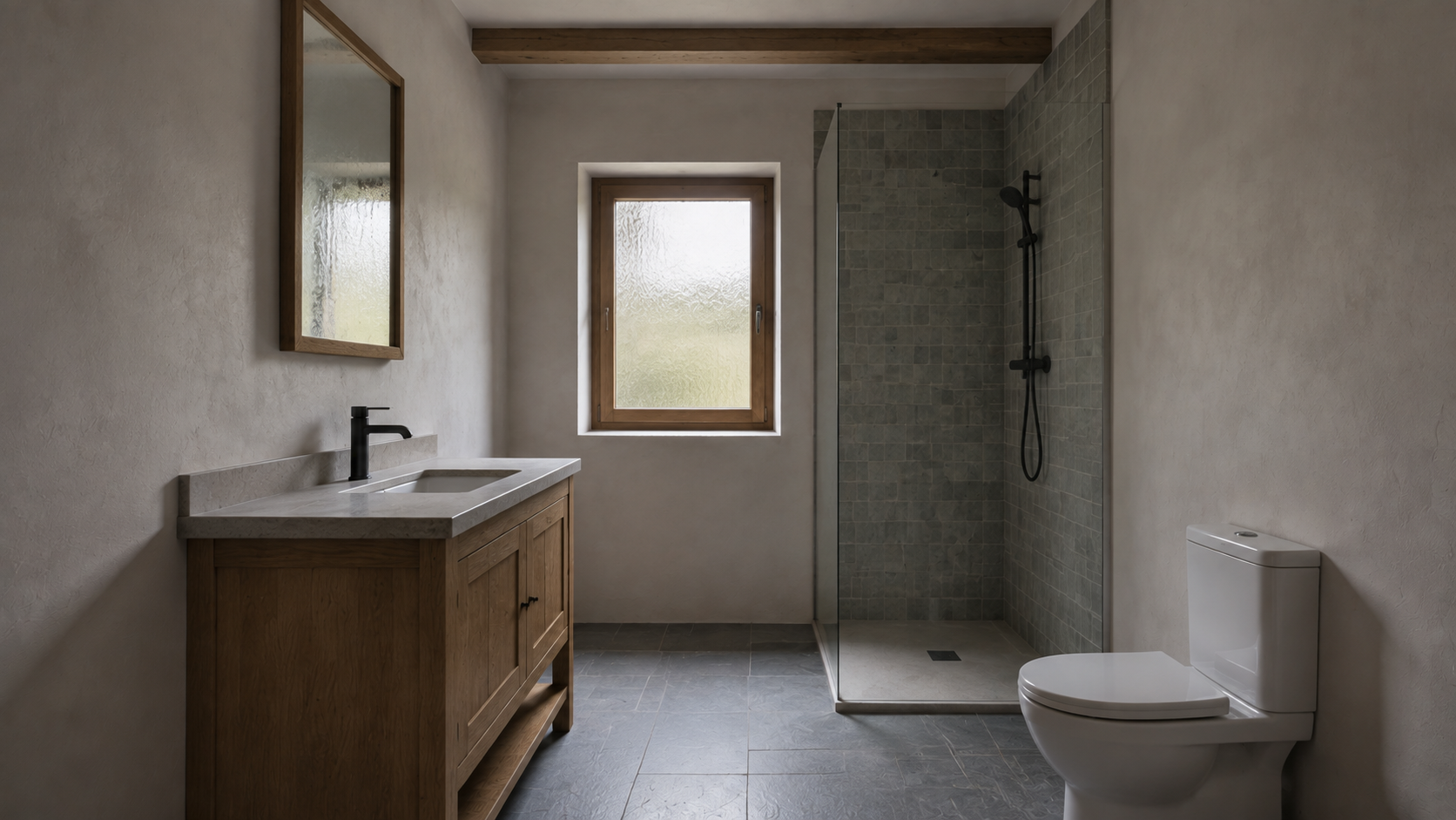 Shared bathroom with oak vanity, one basin, WC, clear shower screen and frosted rear window.